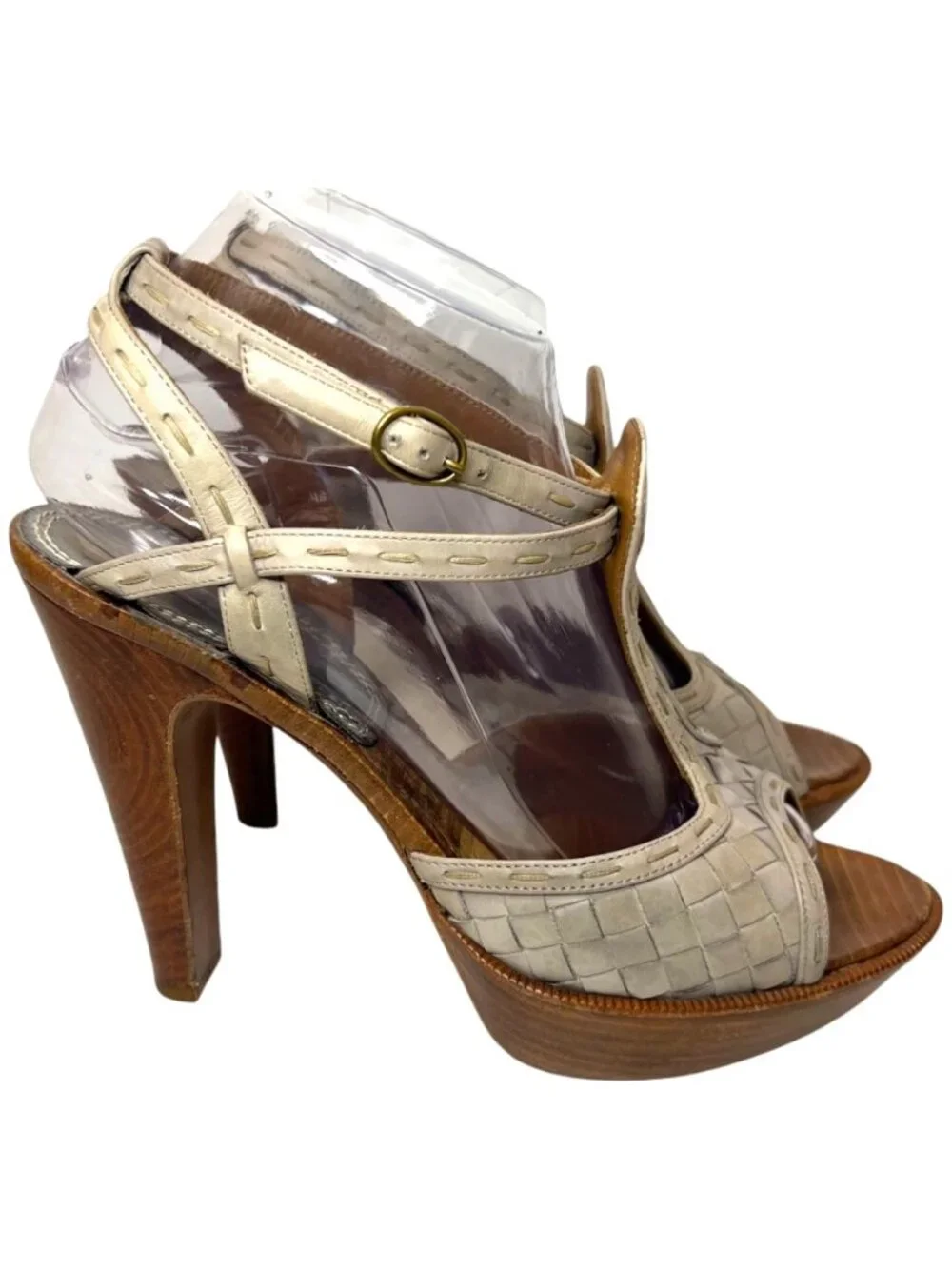 BOTTEGA VENETA Intrecciato Leather Ankle Strap Platform Sandals 38 8 Woven Gray